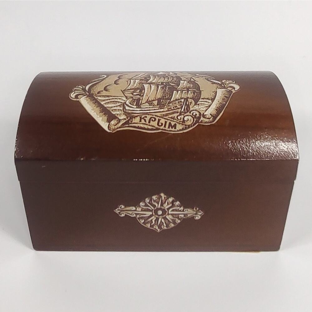 VTG Wood Box Dresser Trinket Trunk City Ukraine Crimea Clipper Ship Boat Anchor